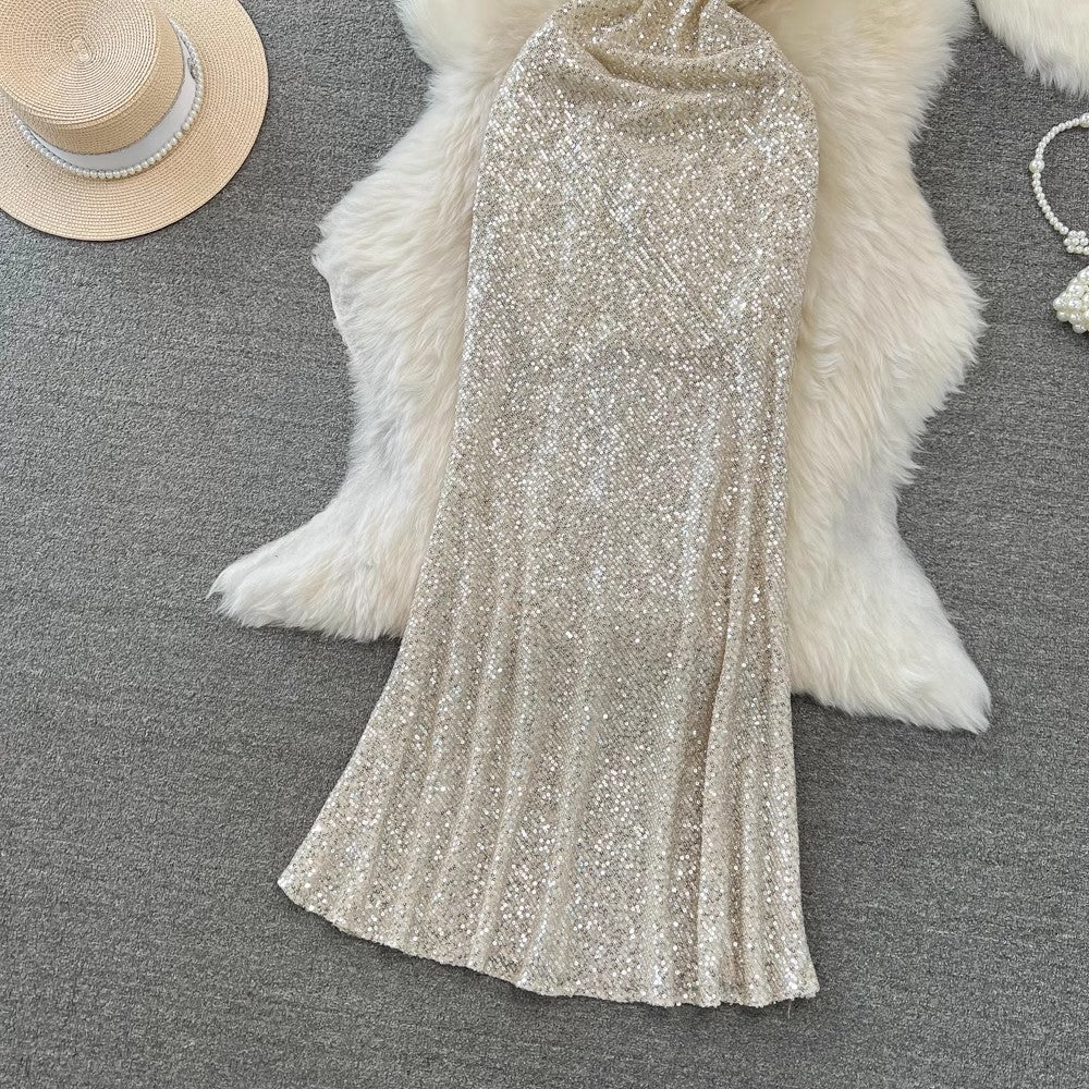 suspender long skirt fashionable sequin banquet dress      S4420