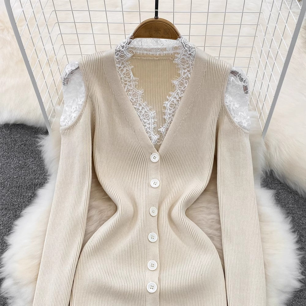 V-neck lace knitted dress for women sweater skirt        S3997