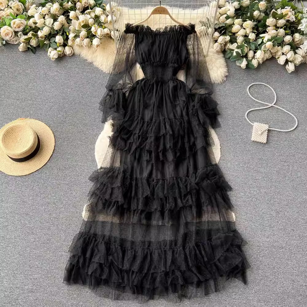 ruffled mesh cake dress for women elegant long skirt     S4557