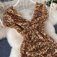 Sparkling sequin skirt new sexy V-neck backless pleated short-sleeved dress for women      S4665