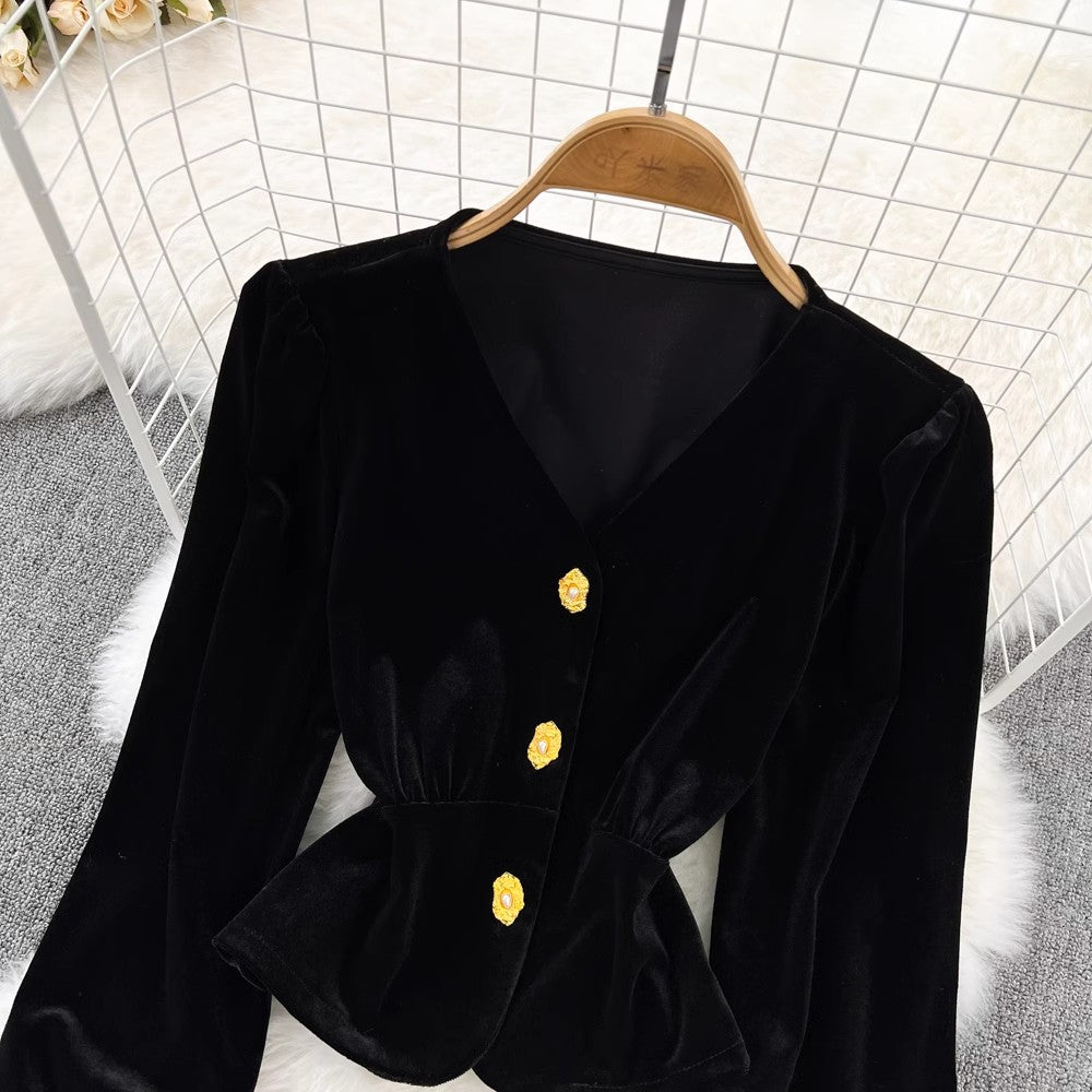 Fashion suit for women V-neck lantern sleeves velvet top two-piece set      S4260