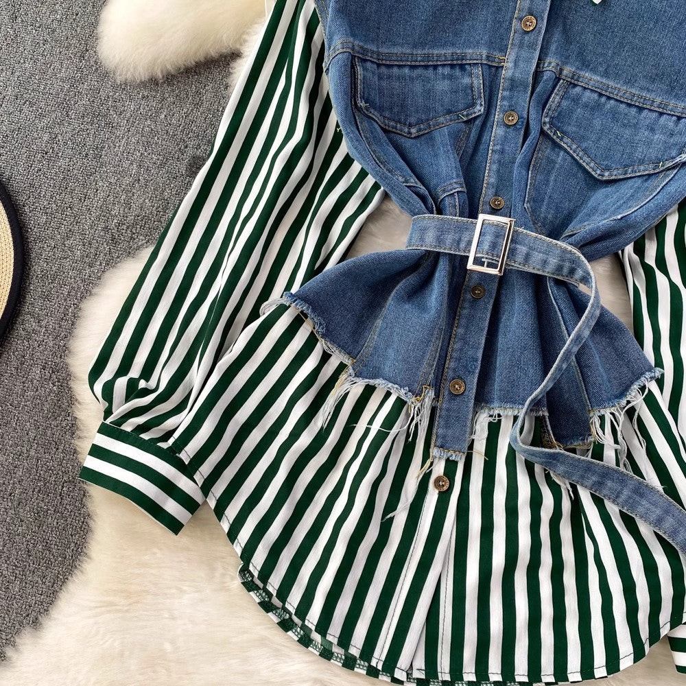 Denim Vest Spliced Striped Shirt Women's Casual Irregular Top    S4051