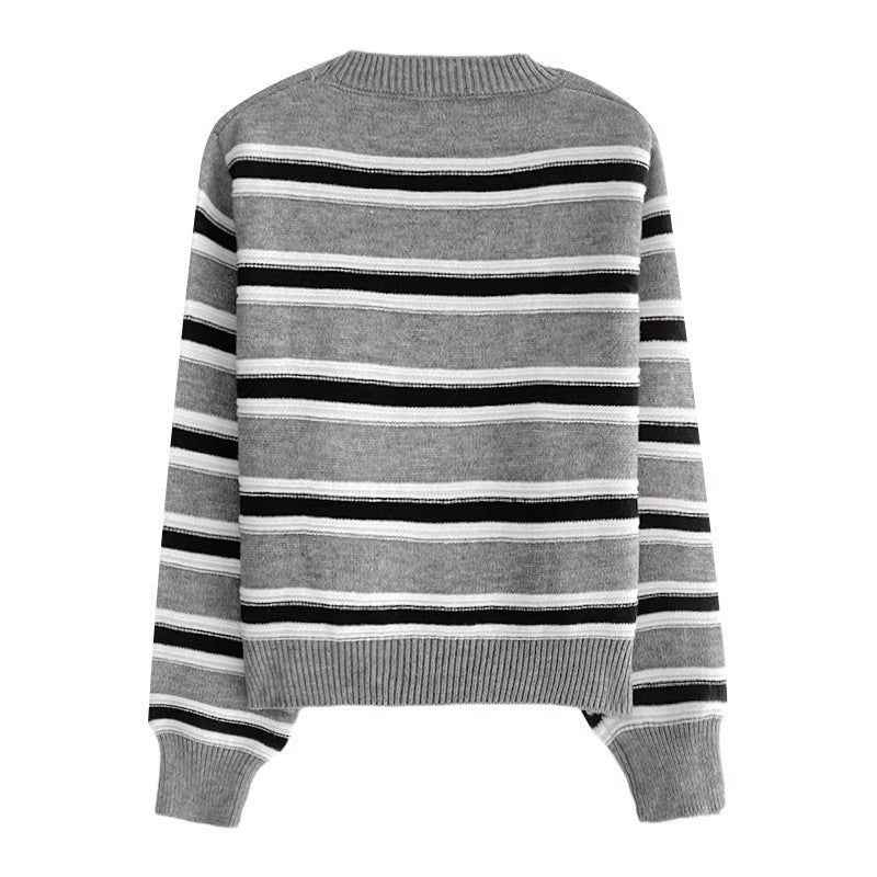 striped round neck long-sleeved sweater     S4773