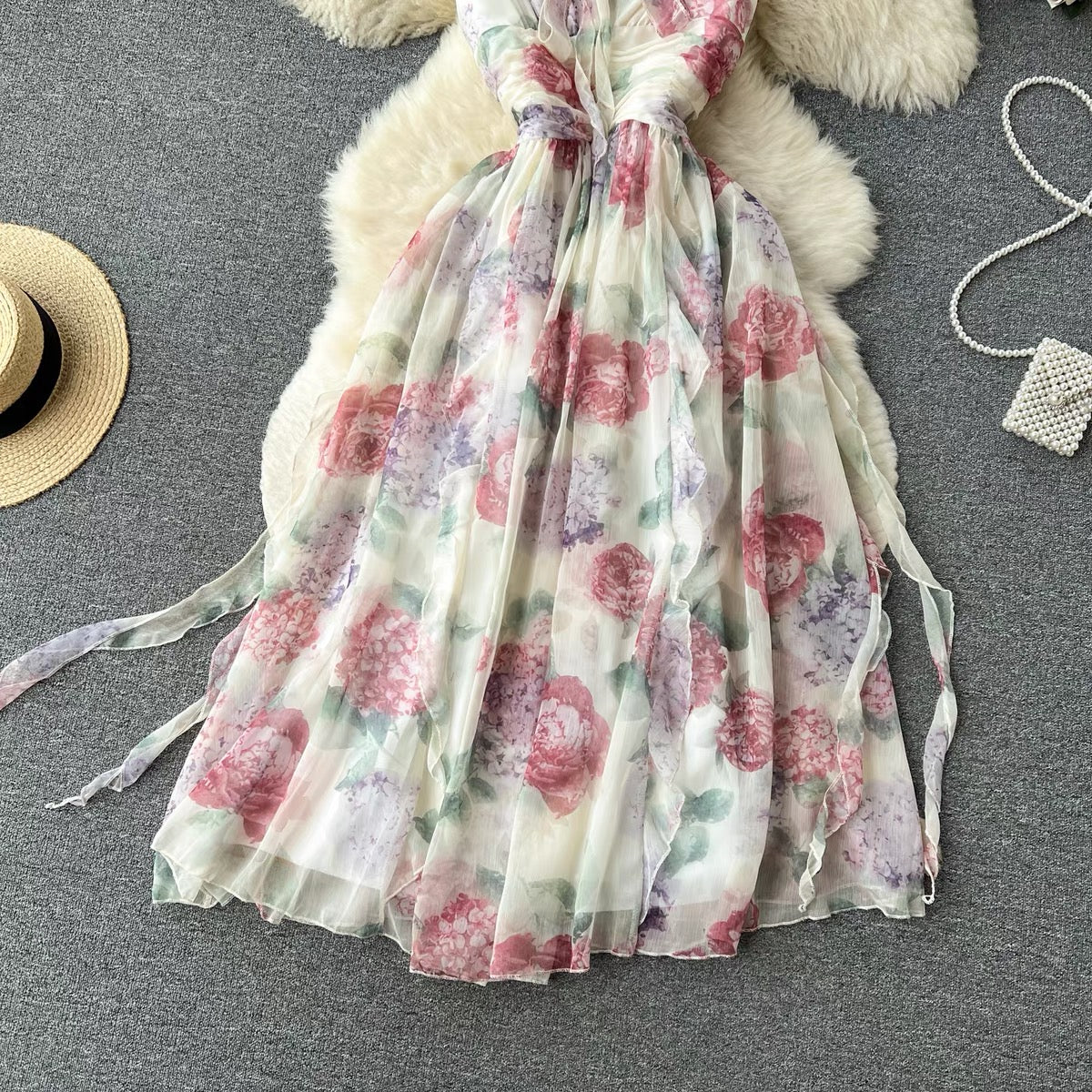 Floral Dress,  Strap V-neck Dress  S4435