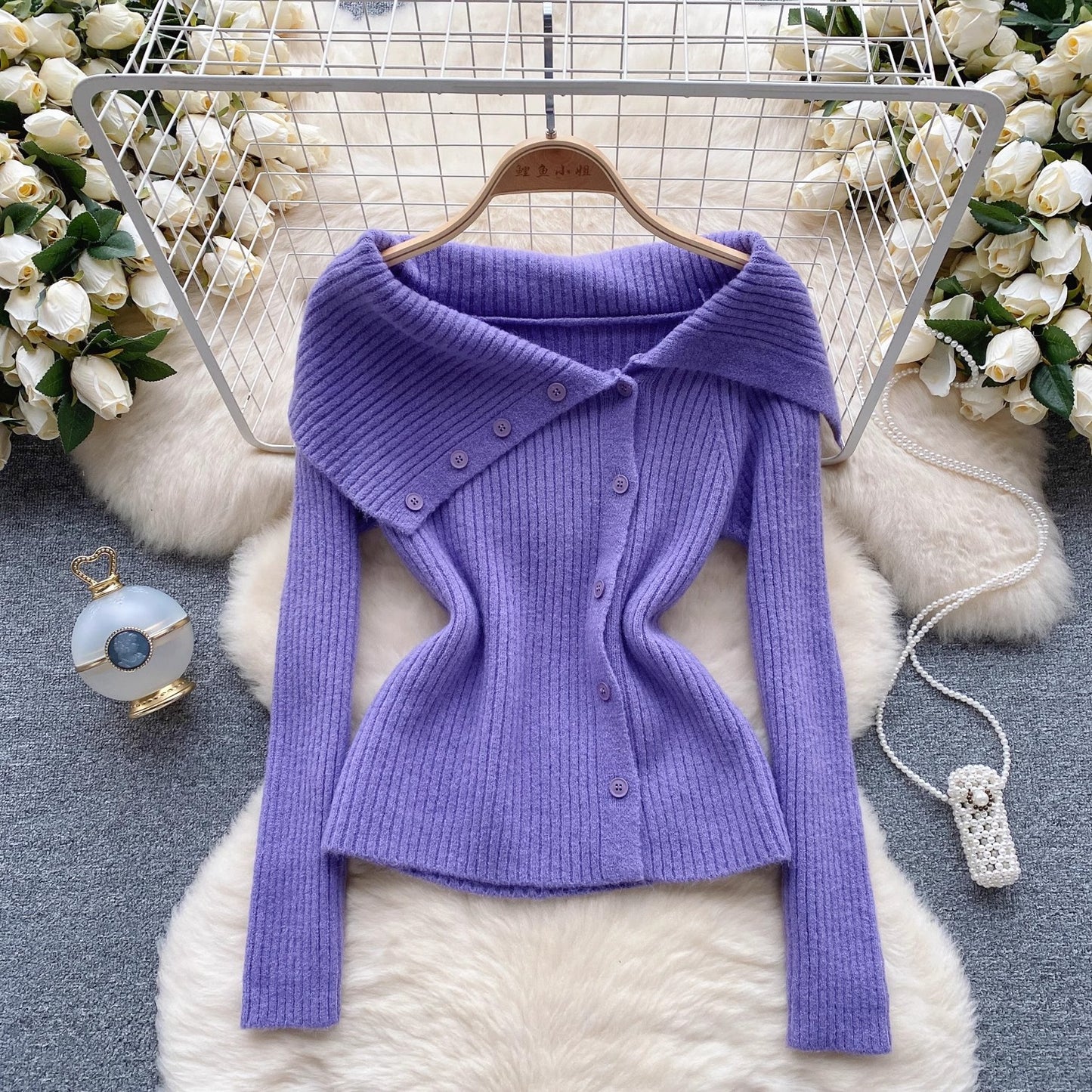 solid color sweater women's irregular design top     S4585