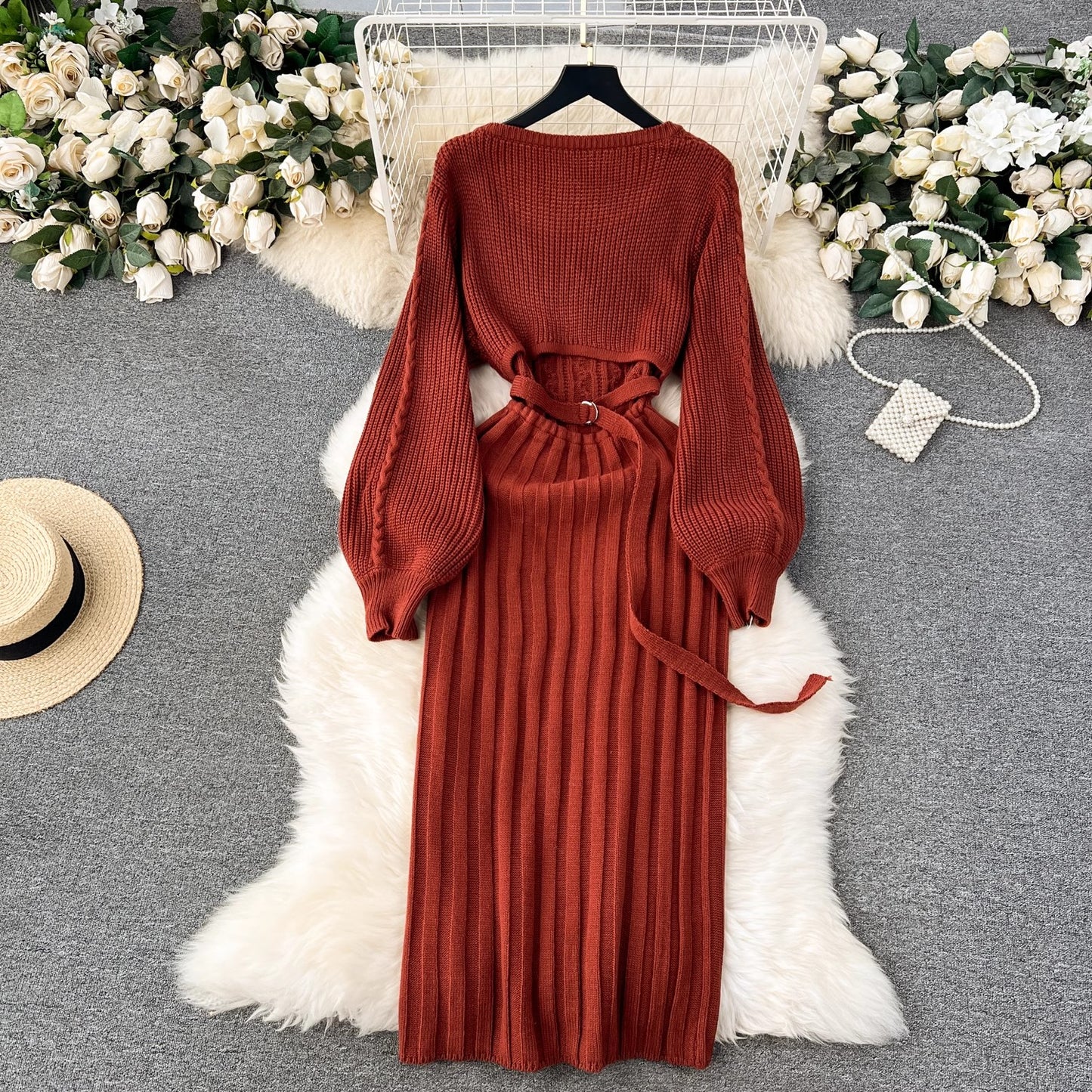 Sweater Dress Women's High-Quality Square Neck Puff Sleeve Knitted Skirt      S4615