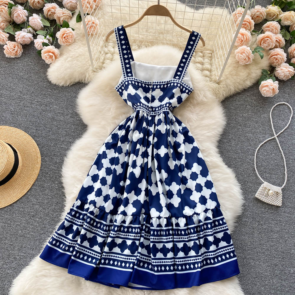 Blue Square Neck Printed Sling Dress     S4469