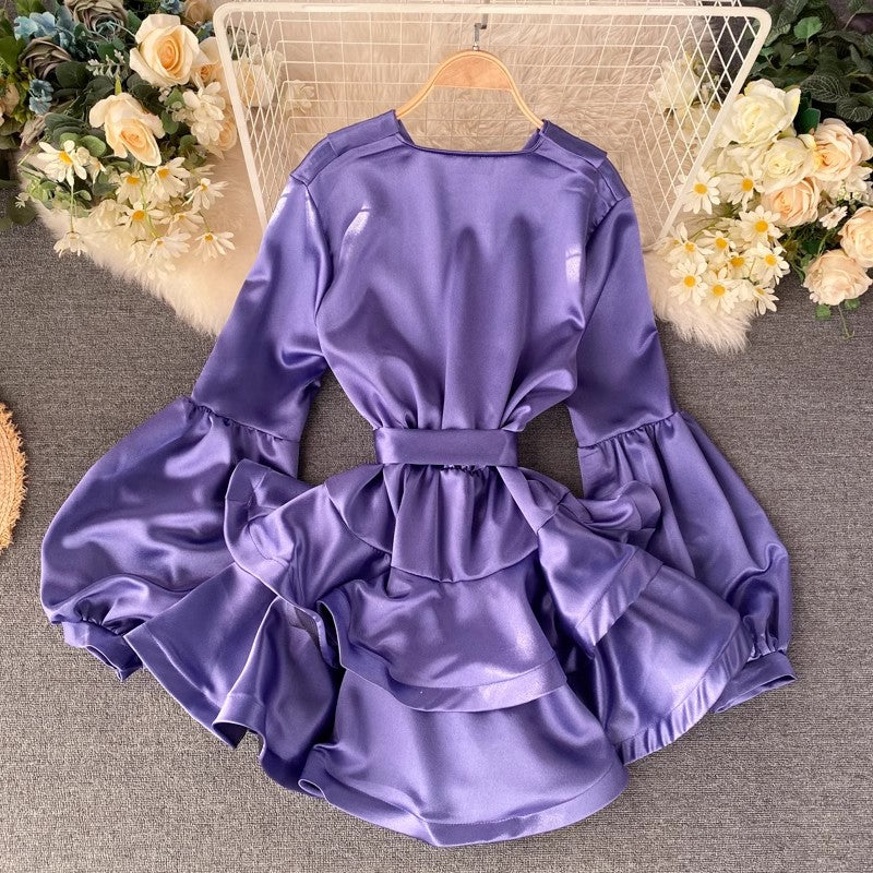 trendy women's satin lantern sleeves ruffle dress      S4520