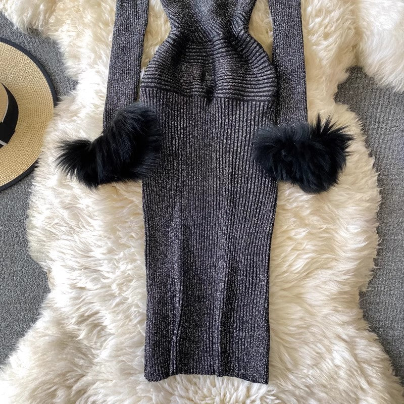 sexy V-neck halterneck mid-length knitted dress      S4245