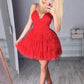 Sexy A Line Spaghetti Straps V Neck Red Tiered Lace Short Prom Dresses          S3001