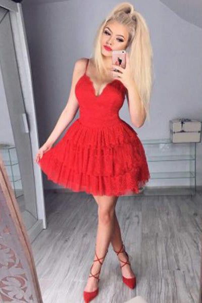 Sexy A Line Spaghetti Straps V Neck Red Tiered Lace Short Prom Dresses          S3001