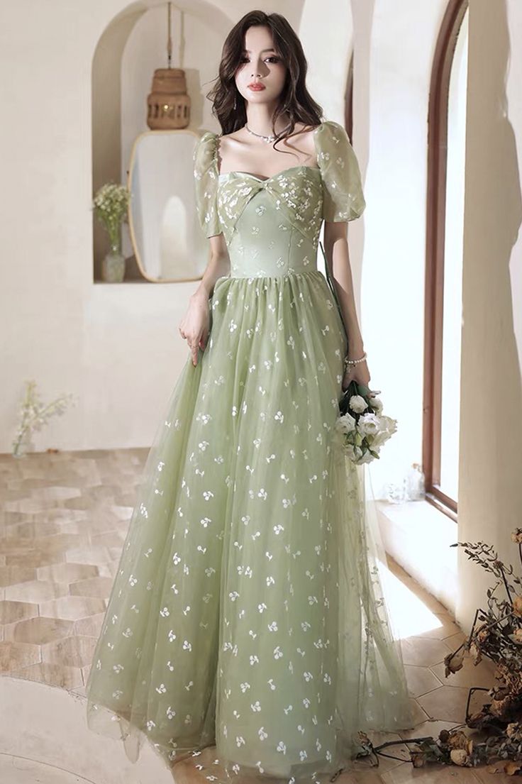 Lovely cherry pattern long prom dress green evening dress       S3689