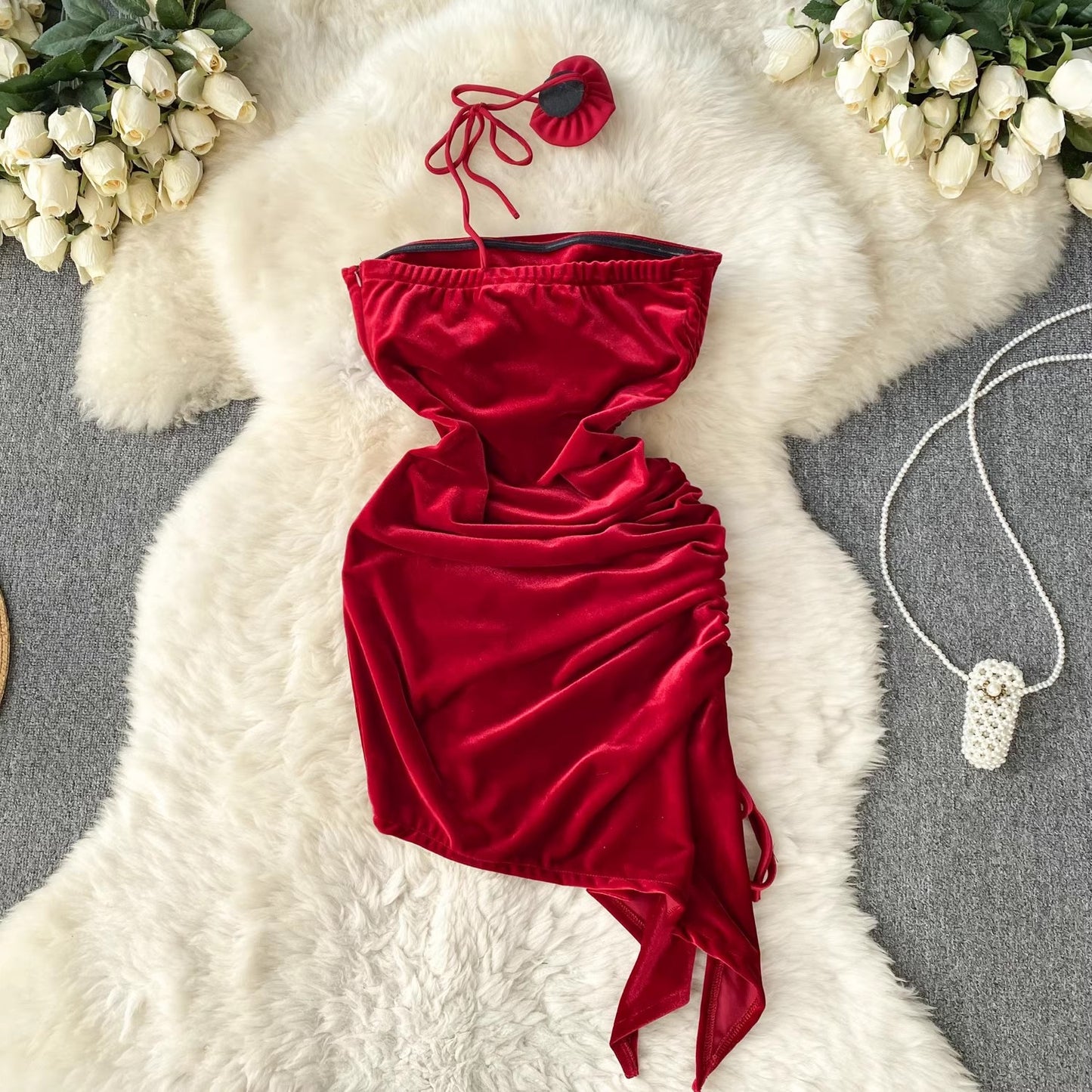 Christmas party skirt strapless irregular velvet dress      S4616