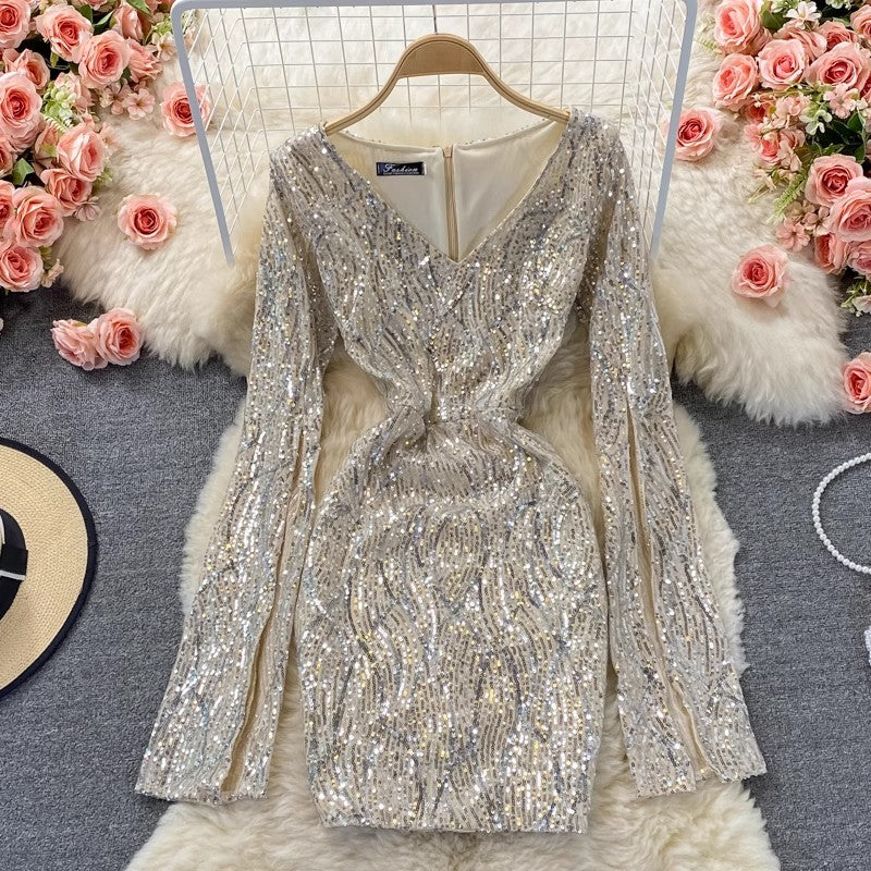 sexy sequined V-neck long-sleeved short dress    S4008