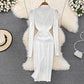 V-neck lace knitted dress for women sweater skirt        S3997