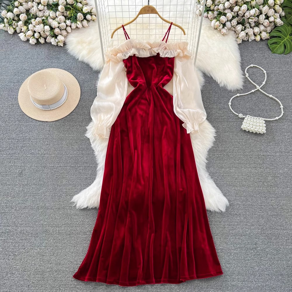 elegant long-sleeved ruffle velvet suspender dress     S4168