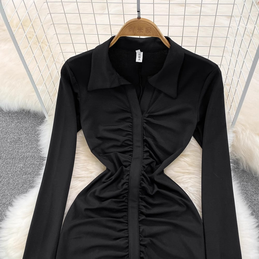 polo collar long-sleeved chic pleated mid-length slit dress    S4327