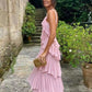A Line Straps Tiered Chiffon Floor Length Long Prom Dress Pink Formal Evening Dresses      S2761