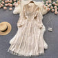 women's lace V-neck mesh puff sleeves A-line long skirt    S4653