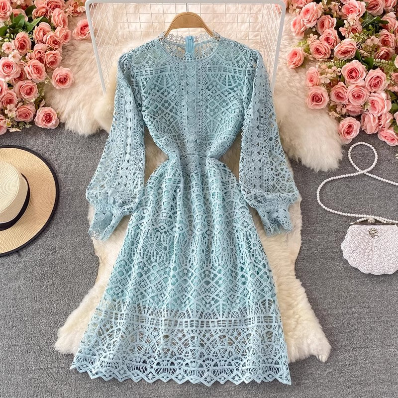 New style round neck puff sleeve lace dress     S3887