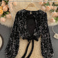 Shiny Long Sleeve Sequins Tops Open Back Tops      S4392