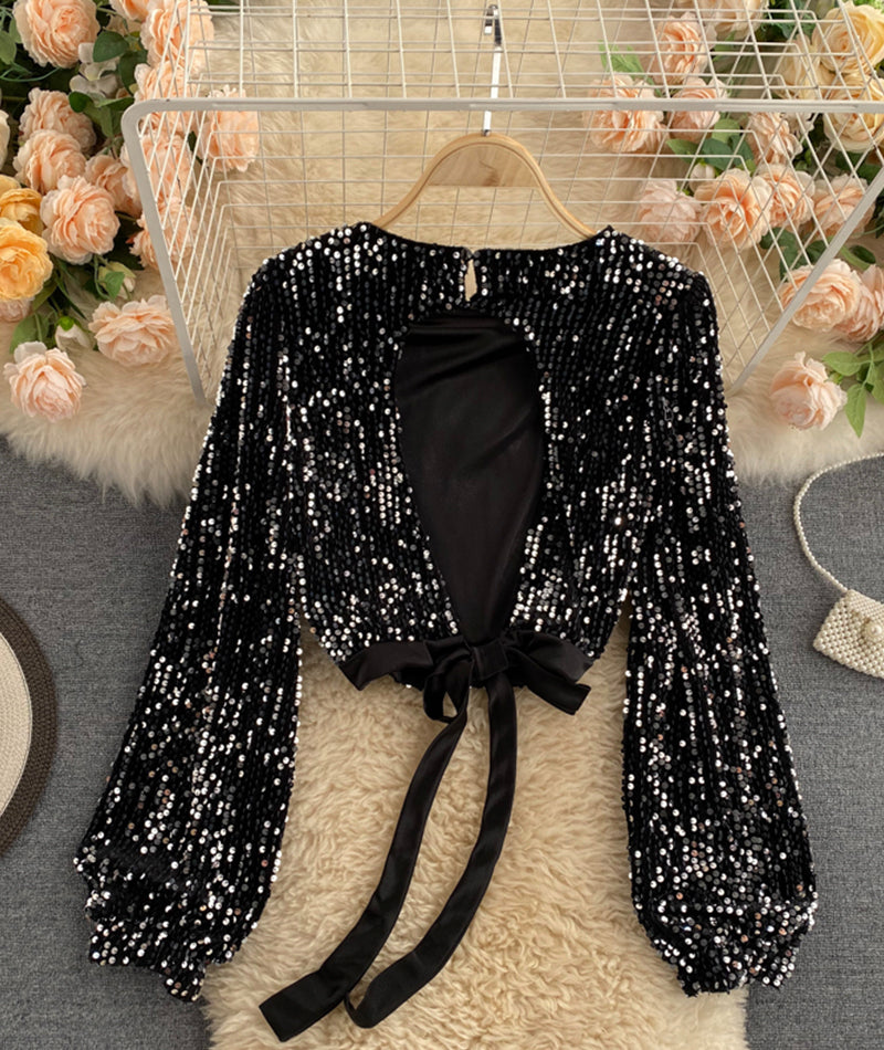 Shiny Long Sleeve Sequins Tops Open Back Tops      S4392