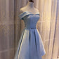 Light Blue Off Shoulder Satin Bridesmaid Dress, Blue Short Formal Dress       S3233