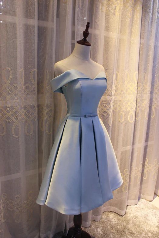 Light Blue Off Shoulder Satin Bridesmaid Dress, Blue Short Formal Dress       S3233