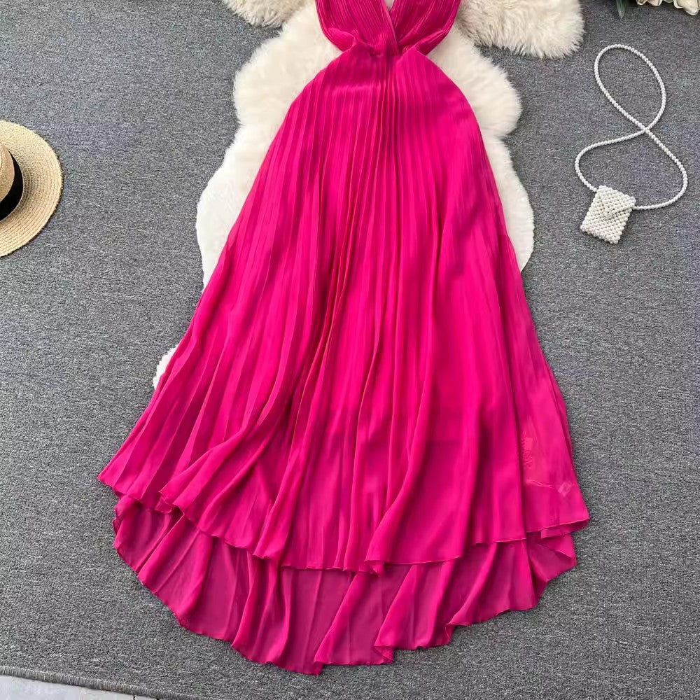 Sexy dress for women pleated deep v-neck backless design suspender long skirt       S4590