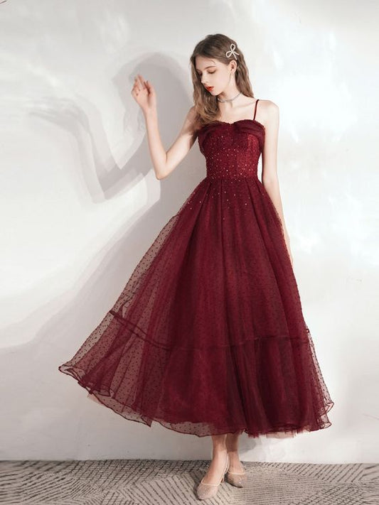 Burgundy sweetheart tulle lace tea length prom dress, formal dresses, evening dress     S2949