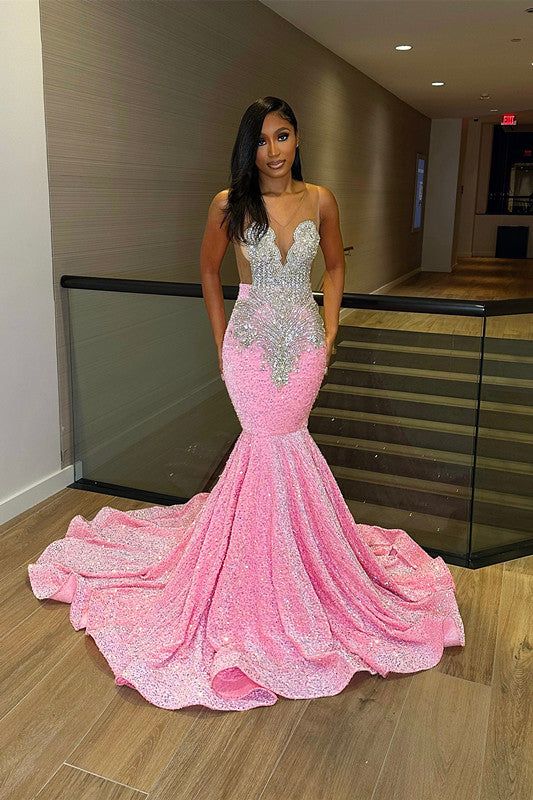 Pink Sequins V-Neck Beading Mermaid Prom Dress          S3746