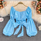 Square Neck Backless Long Sleeve Short Top     S4189