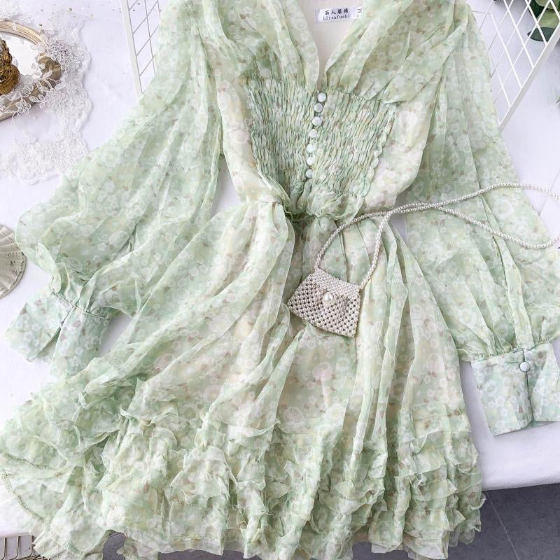 Chiffon Floral Dress,chic Sweet Dress    S4436