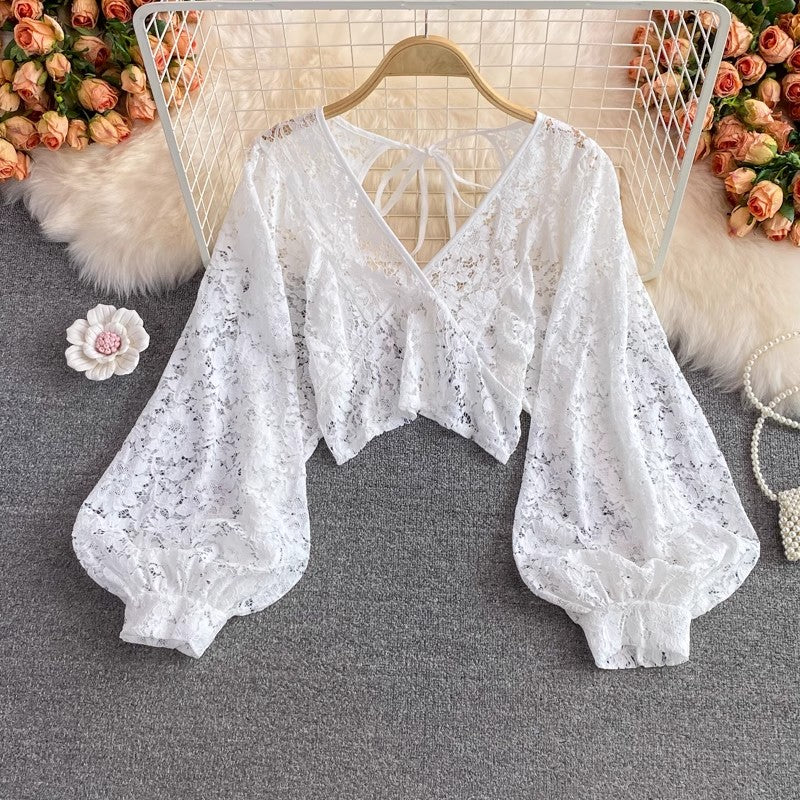 new elegant V-neck lace shirt long-sleeved shirt backless short top for women     S3988