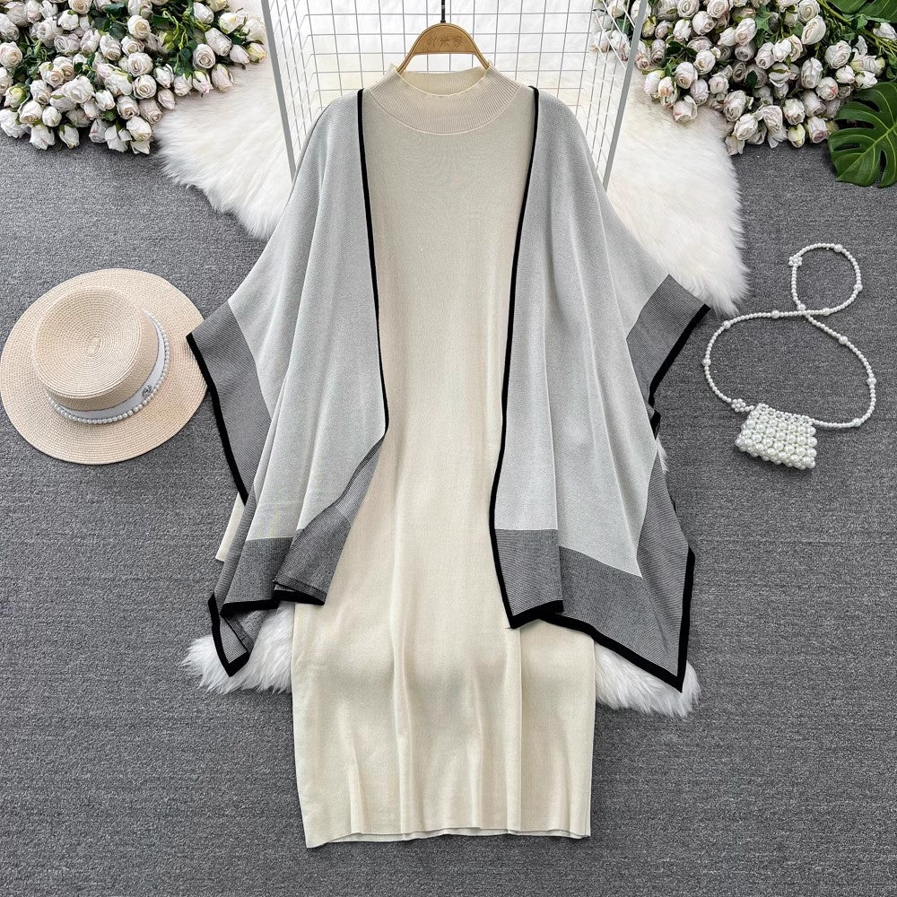 large shawl women's knitted cardigan coat two-piece a-line dress      S4216