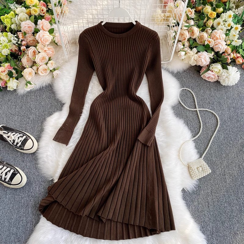 round neck knee-length knitted dress women's mid-length A-line sweater dress      S3942