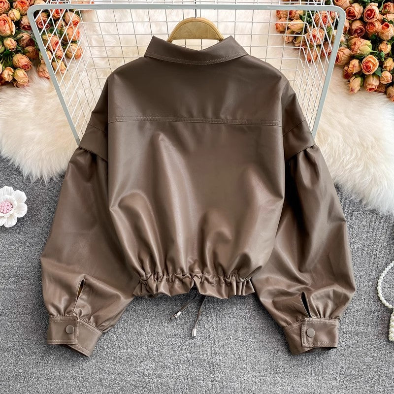 Leather Jacket Women's Long Sleeve Casual Short Jacket     S4021