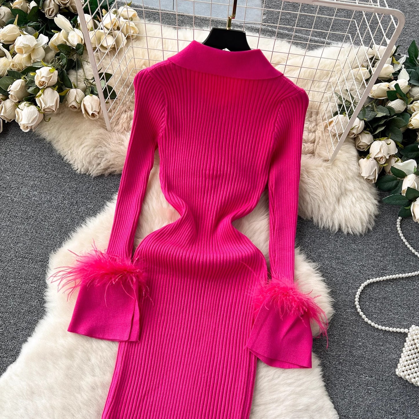 knitted dress for women lapel feather tight design skirt    S4539