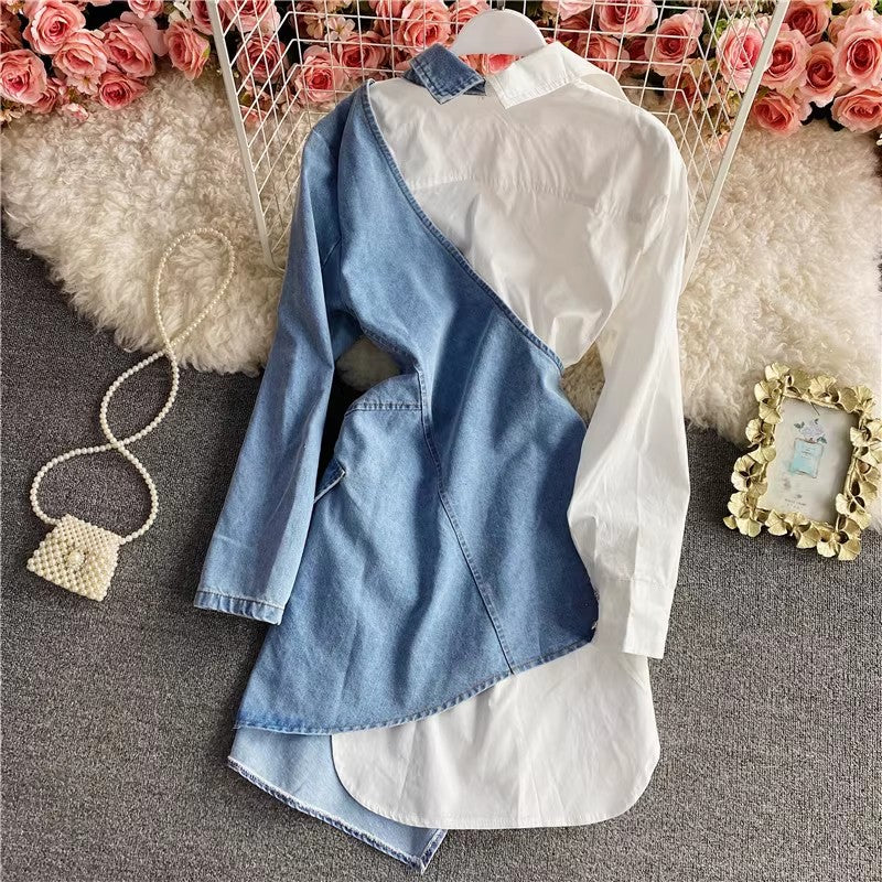 New Fashion Irregular Denim Long Sleeve Shirt Dress Polo Skirt     S4065