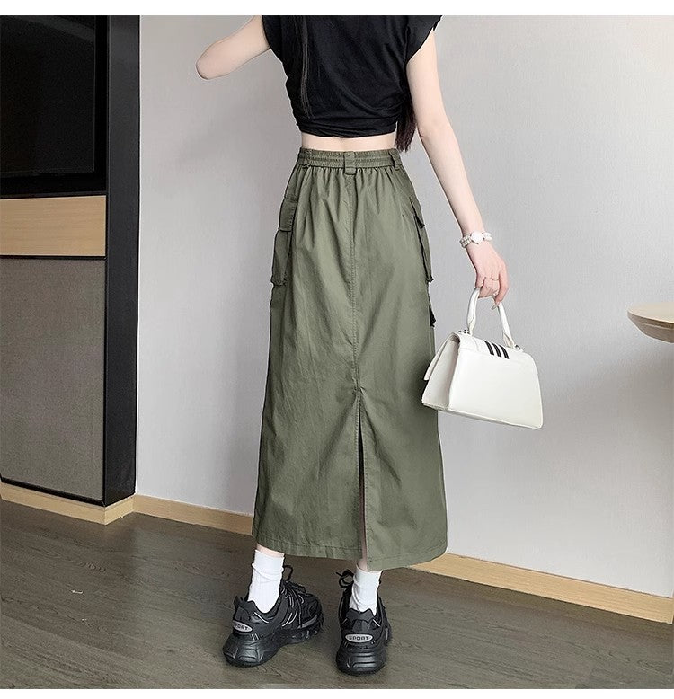 workwear skirt for women summer new mid-length high-waist drawstring a-line long skirt    S3416