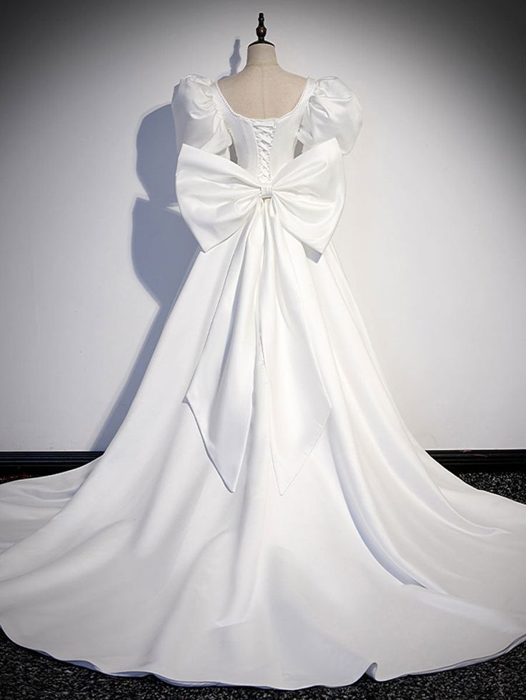 white satin long prom dress, white long evening dress     S2683