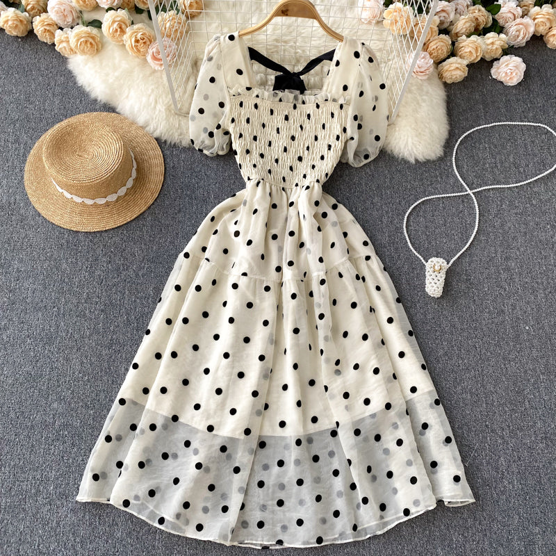 Vintage Square Neck Polka Dot Puff Sleeve Dress     S4458