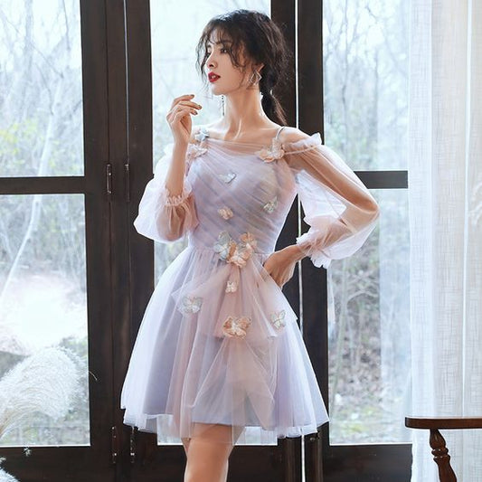 Adorable Pink And Blue Short Party Dress With Butterfly, Cute Short Formal Dress   S3118