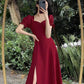 red dress for women new style puff sleeve slit long skirt    S3465