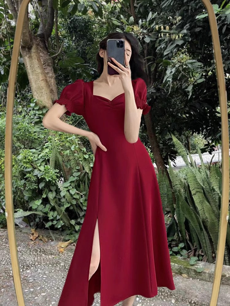 red dress for women new style puff sleeve slit long skirt    S3465