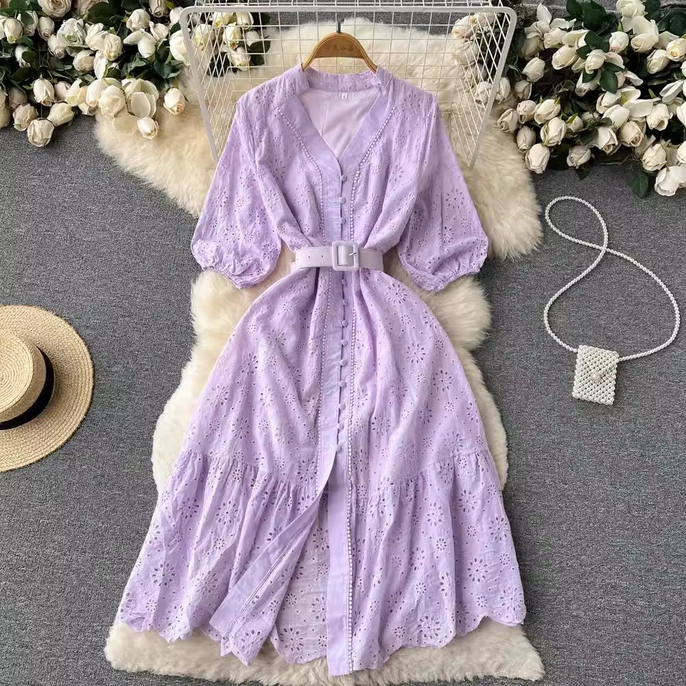 V-neck dress women's puff sleeves ruffle long skirt   S4560