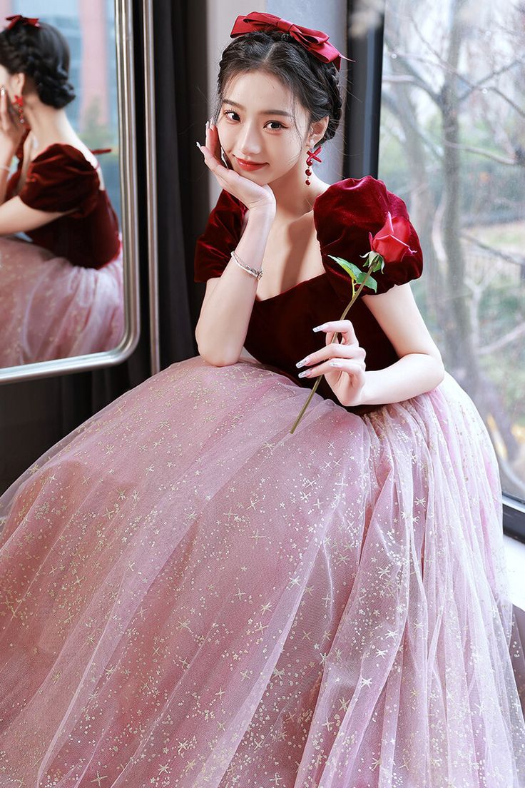 Burgundy Velvet Cap Sleeves Tulle Long Princess Dress           S3008