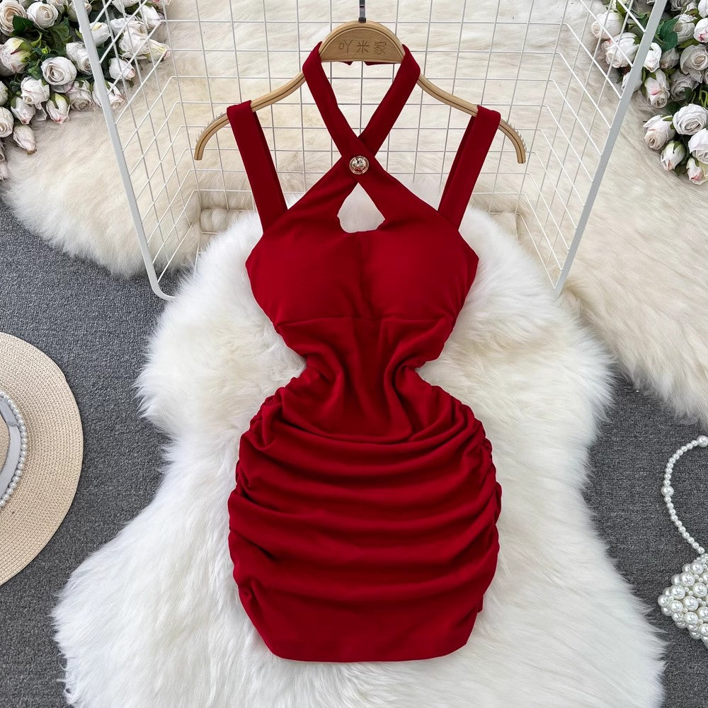 halter neck suspender dress for women sexy pleated dress       S4345