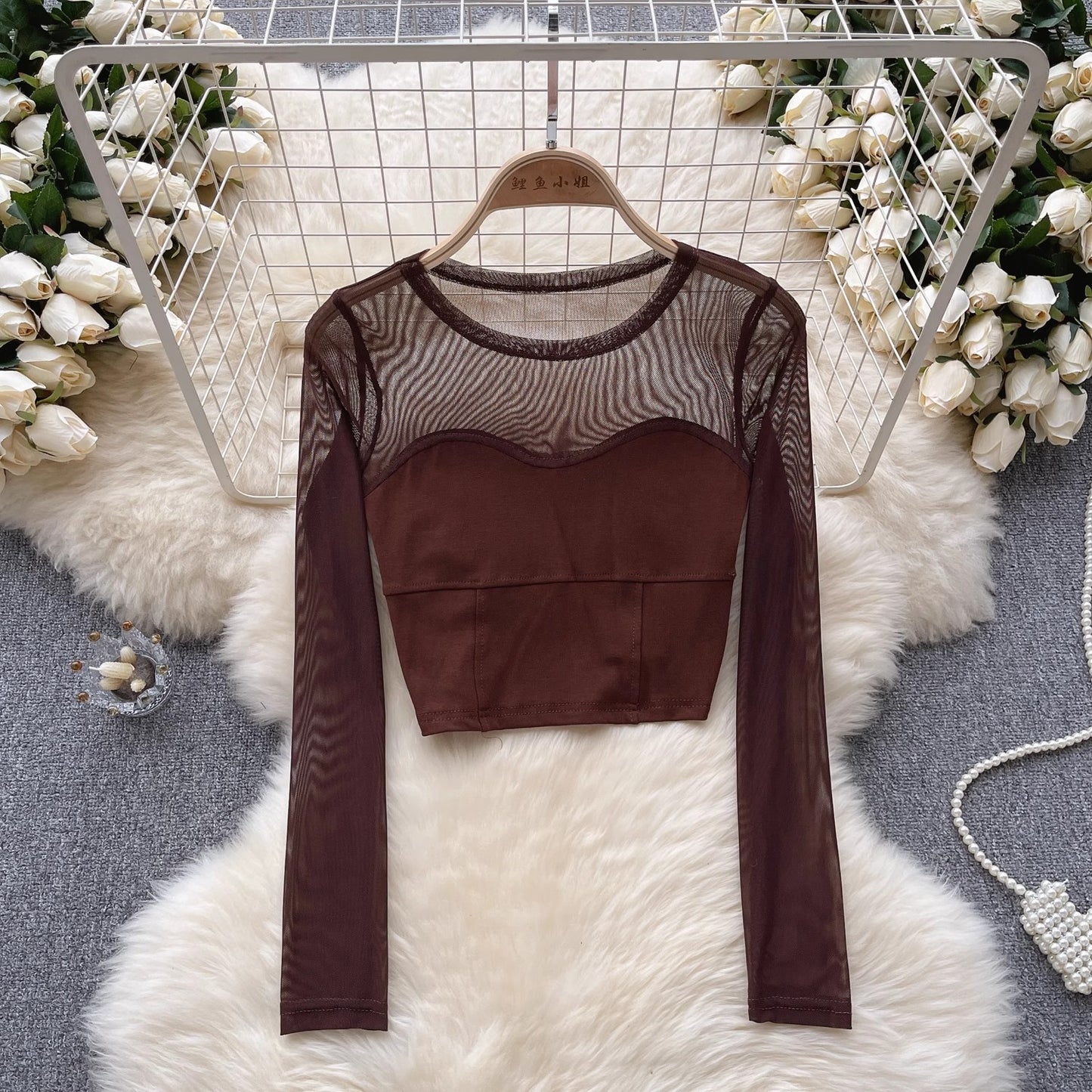 long-sleeved T-shirt for women mesh short design top trendy    S4535