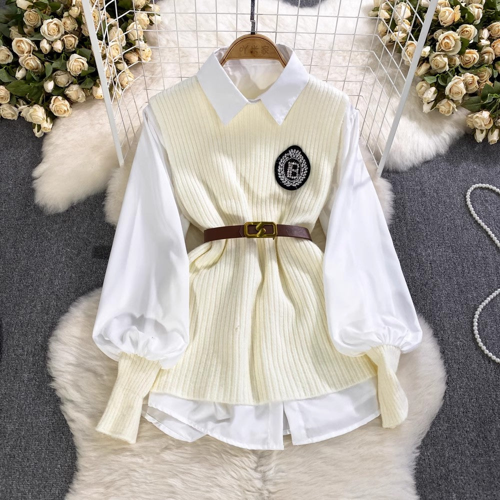 lantern long-sleeved mid-length shirt knitted vest two-piece suit for women      S3999